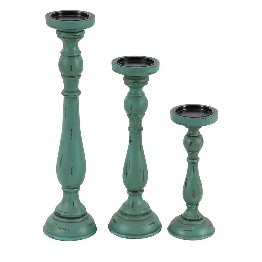 Pier 1 Imports Traditional Turquoise Wood Set of 3 Candle Holders